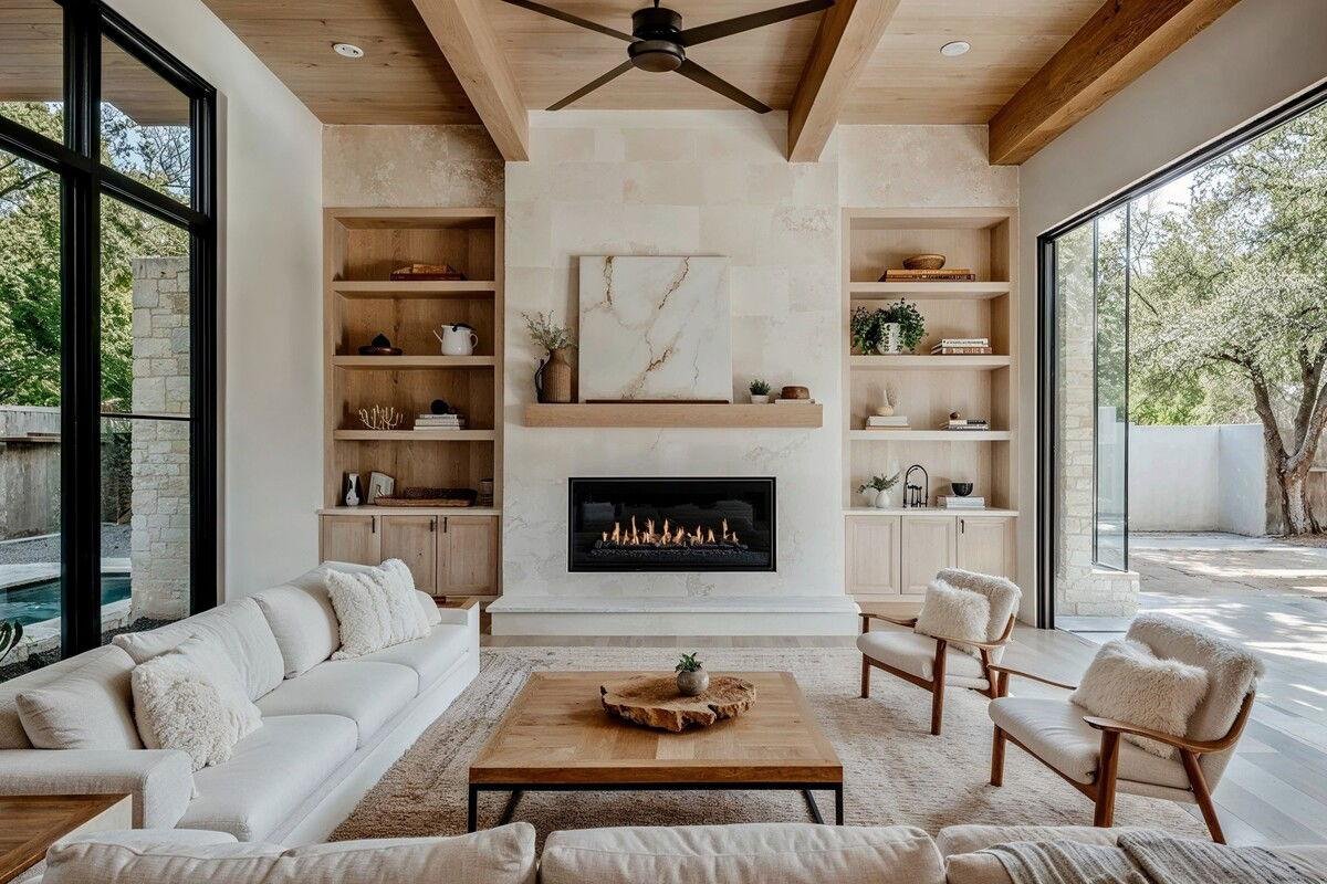 Bright and welcoming modern living room with a built-in fireplace